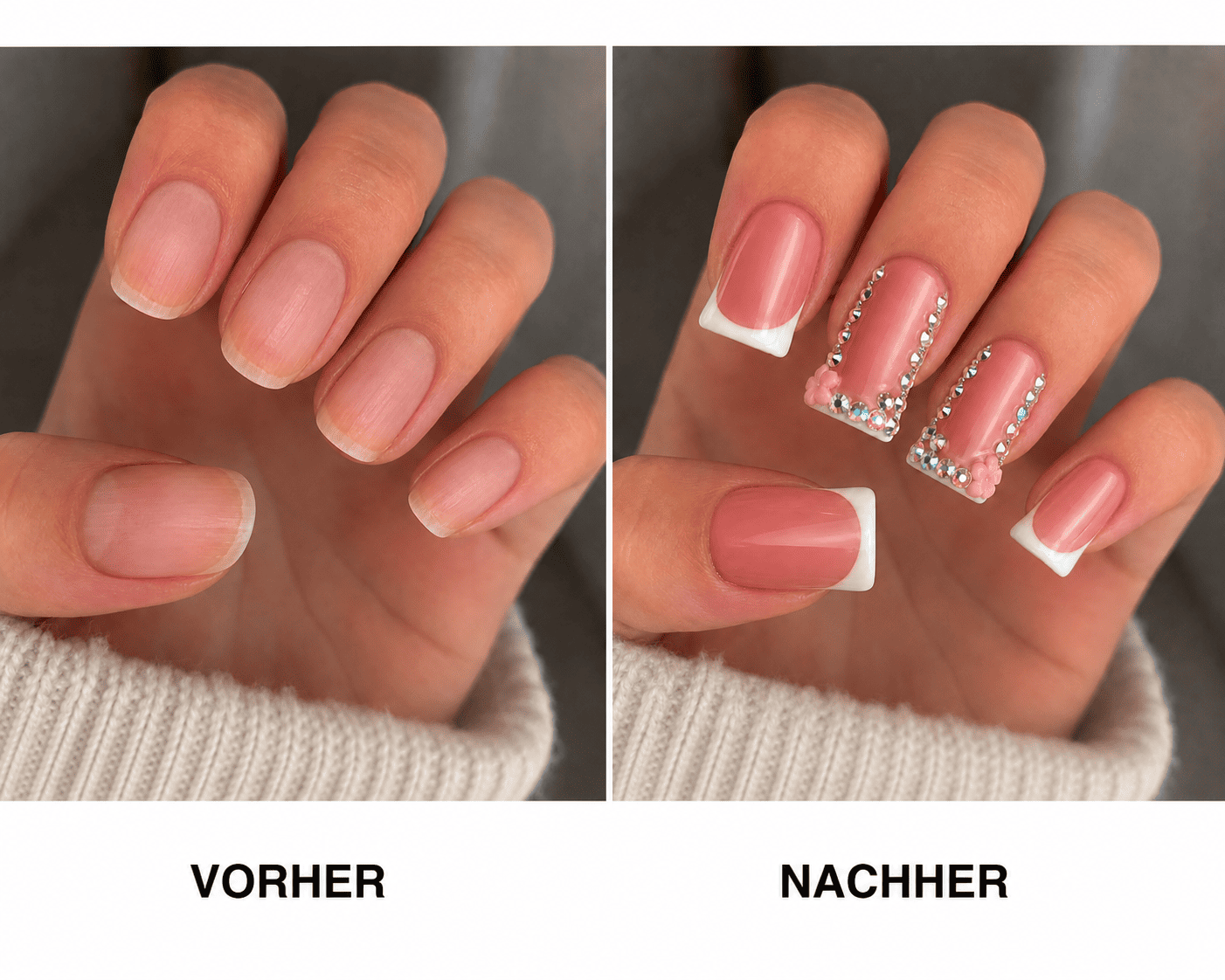 Fine Nails French Kiss – French Tip Design mit Blütendetails, Vorher-Nachher-Vergleich
