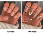 Fine Nails HER – Nude Press-on Nägel mit goldenen 3D-Blüten, Vorher-Nachher-Vergleich