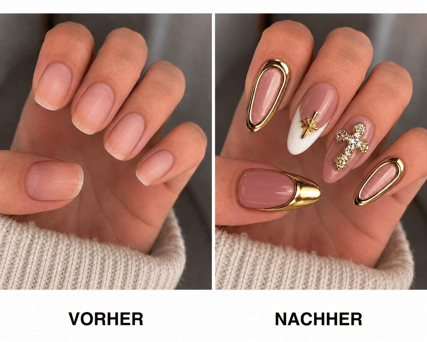Fine Nails HER – Nude Press-on Nägel mit goldenen 3D-Blüten, Vorher-Nachher-Vergleich