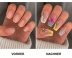 Fine Nails Hot Chick – Botanisches Muster in Pink, Lila, Grün, Vorher-Nachher-Vergleich