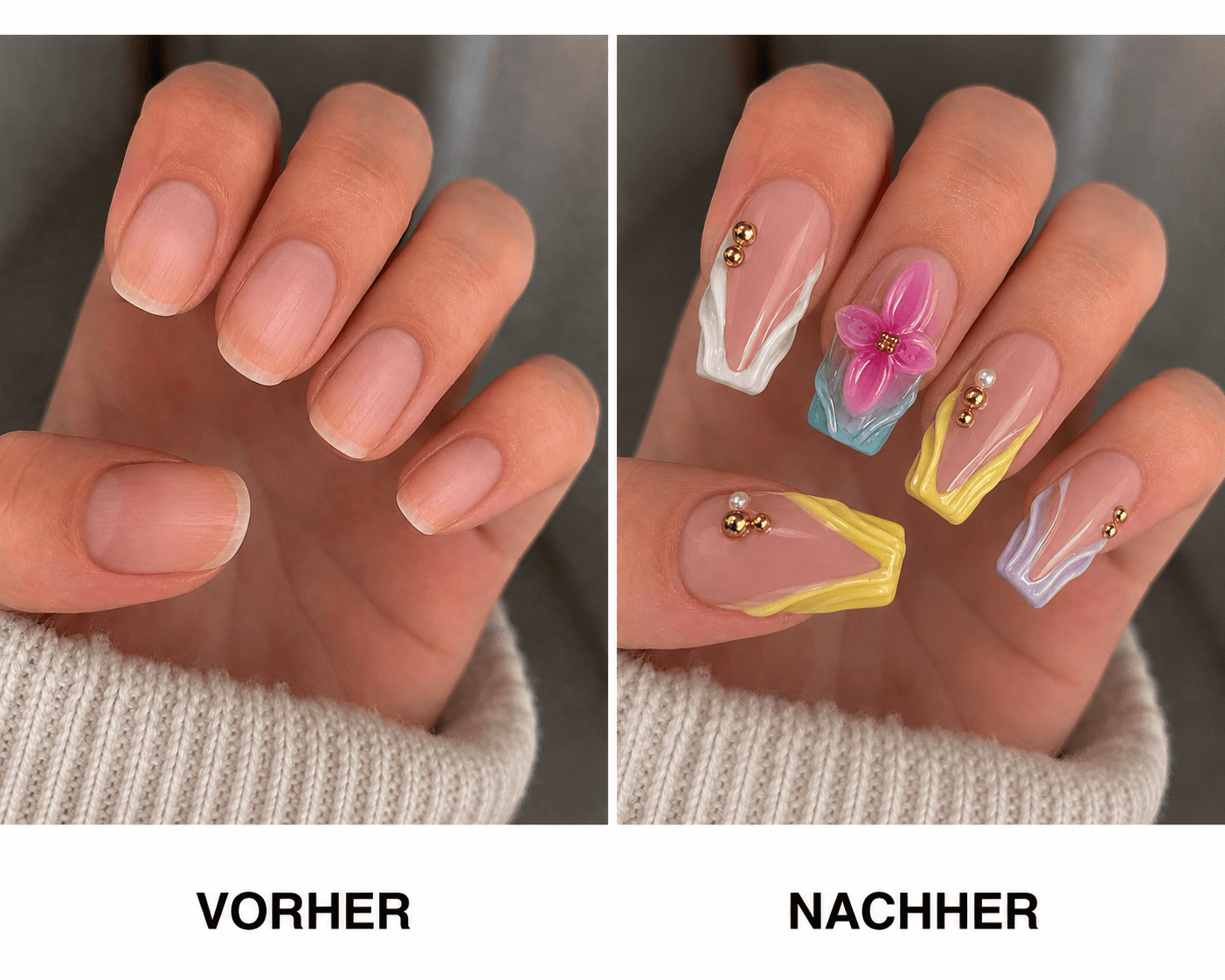 Fine Nails Hot Chick – Botanisches Muster in Pink, Lila, Grün, Vorher-Nachher-Vergleich