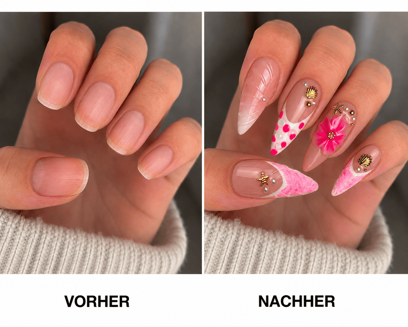 Fine Nails Love Bomb – Pinkes Herz-Design, Vorher-Nachher-Vergleich
