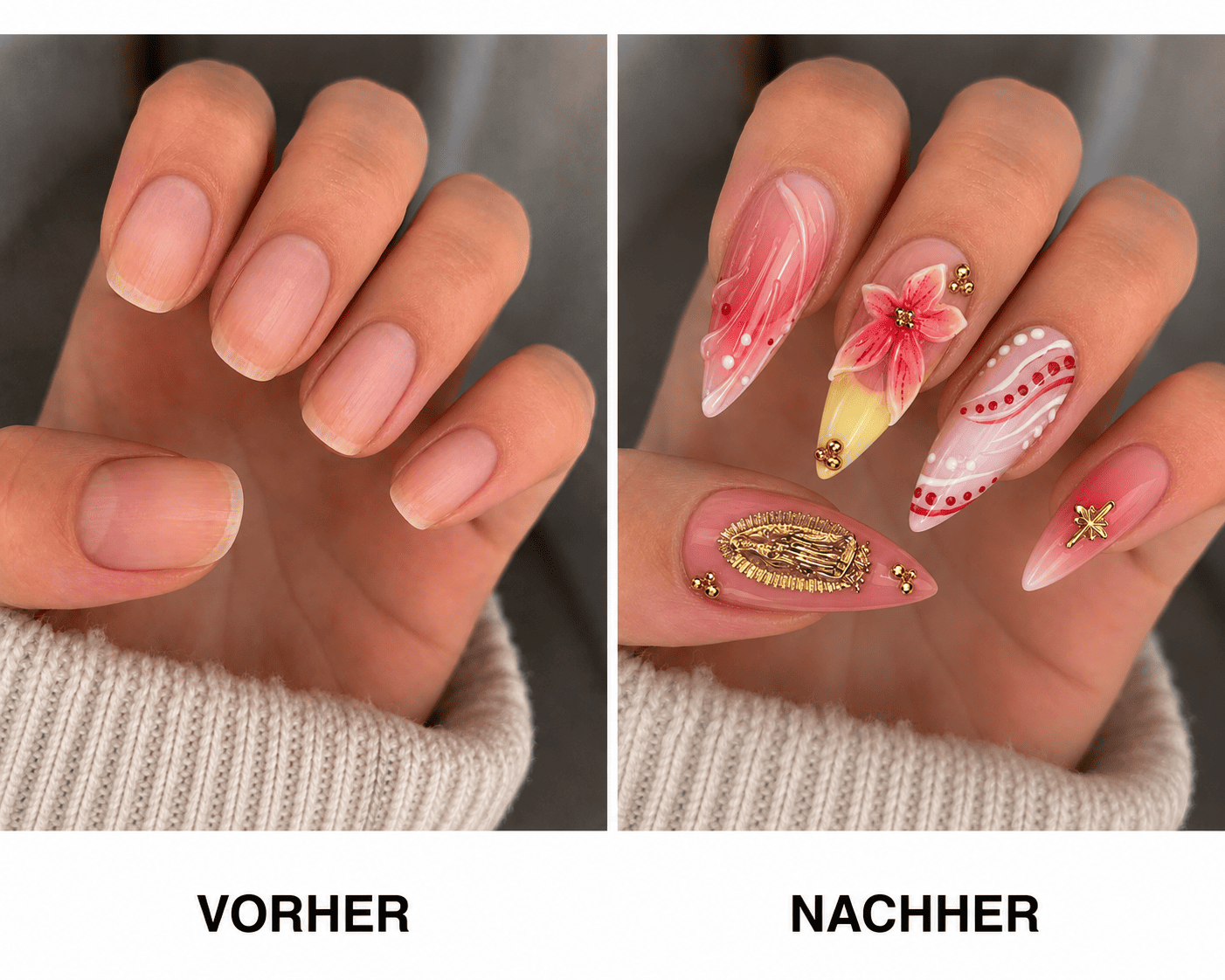 Fine Nails Main Character – Bordeaux Design mit dunklen Blüten, Vorher-Nachher-Vergleich