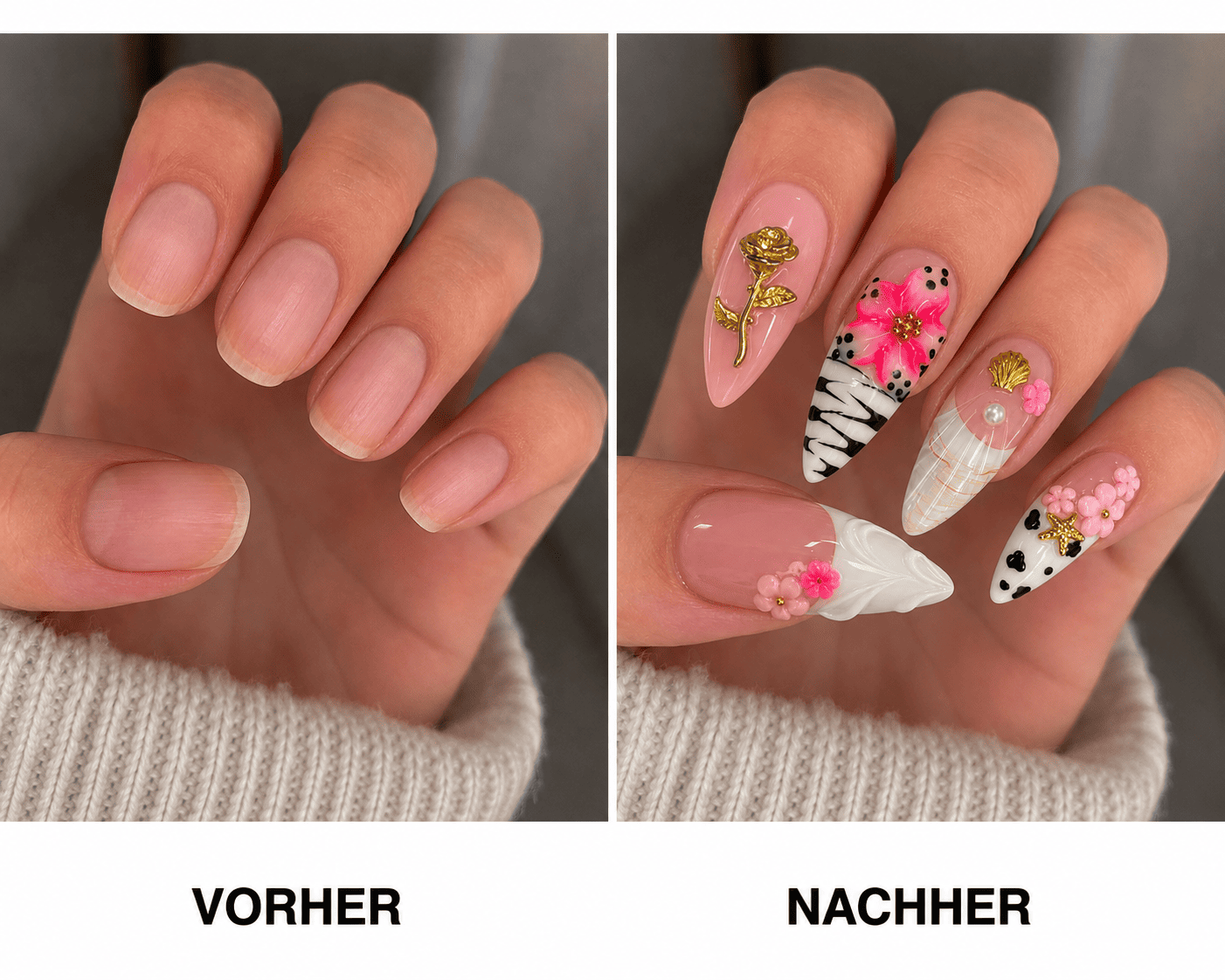 Fine Nails Summer Crush – Pinkes Blüten-Schmetterlings-Design, Vorher-Nachher-Vergleich
