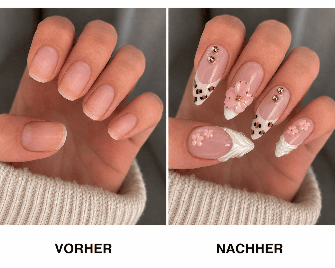 Fine Nails Sweetie – Babyrosa Design mit 3D-Details, Vorher-Nachher-Vergleich